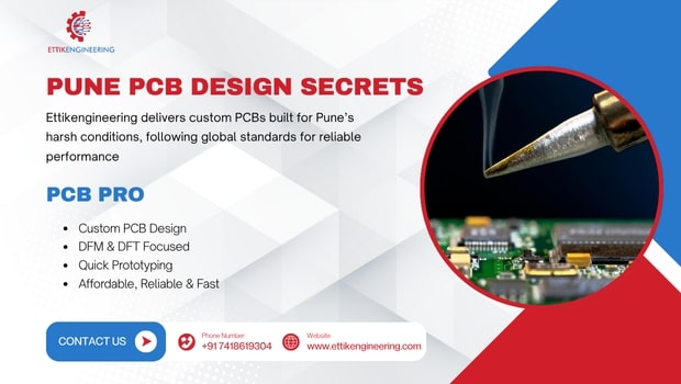 Soldering PCB with text about Ettik Engineering’s PCB design services in Pune.